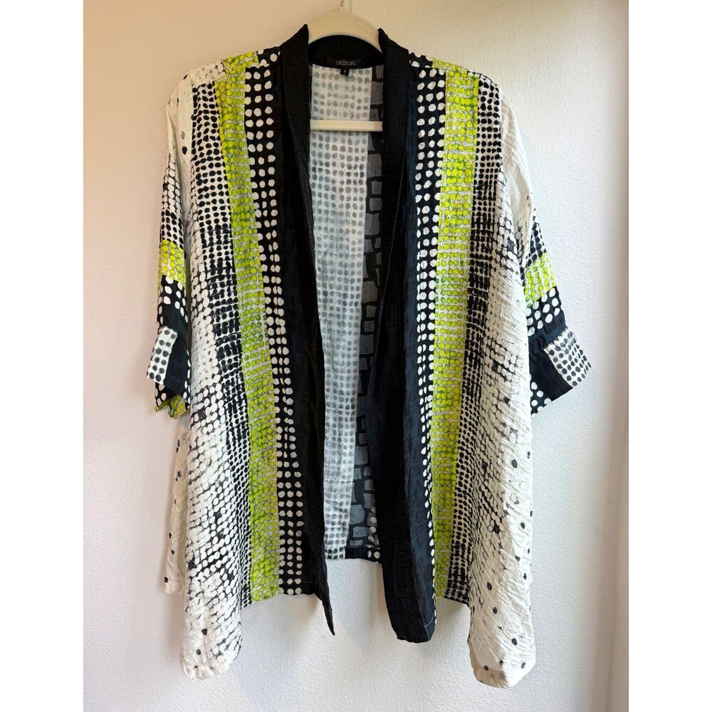 DRESSORI Women's S Black White Green Polka Dot Silk Rayon Collared 3/4 Kimono